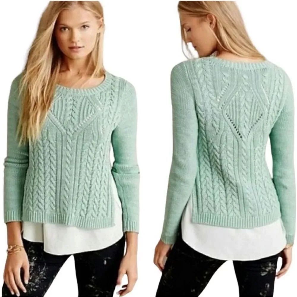 Anthropologie Moth Ella layered chunky cable knit cotton in sea foam green sz M